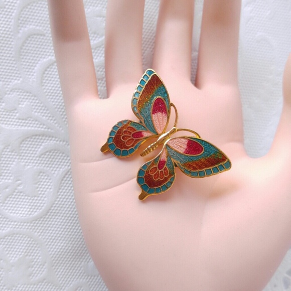 VINTAGE Cloisonne Butterfly Brooch-Pin-Turquoise - Picture 4 of 4